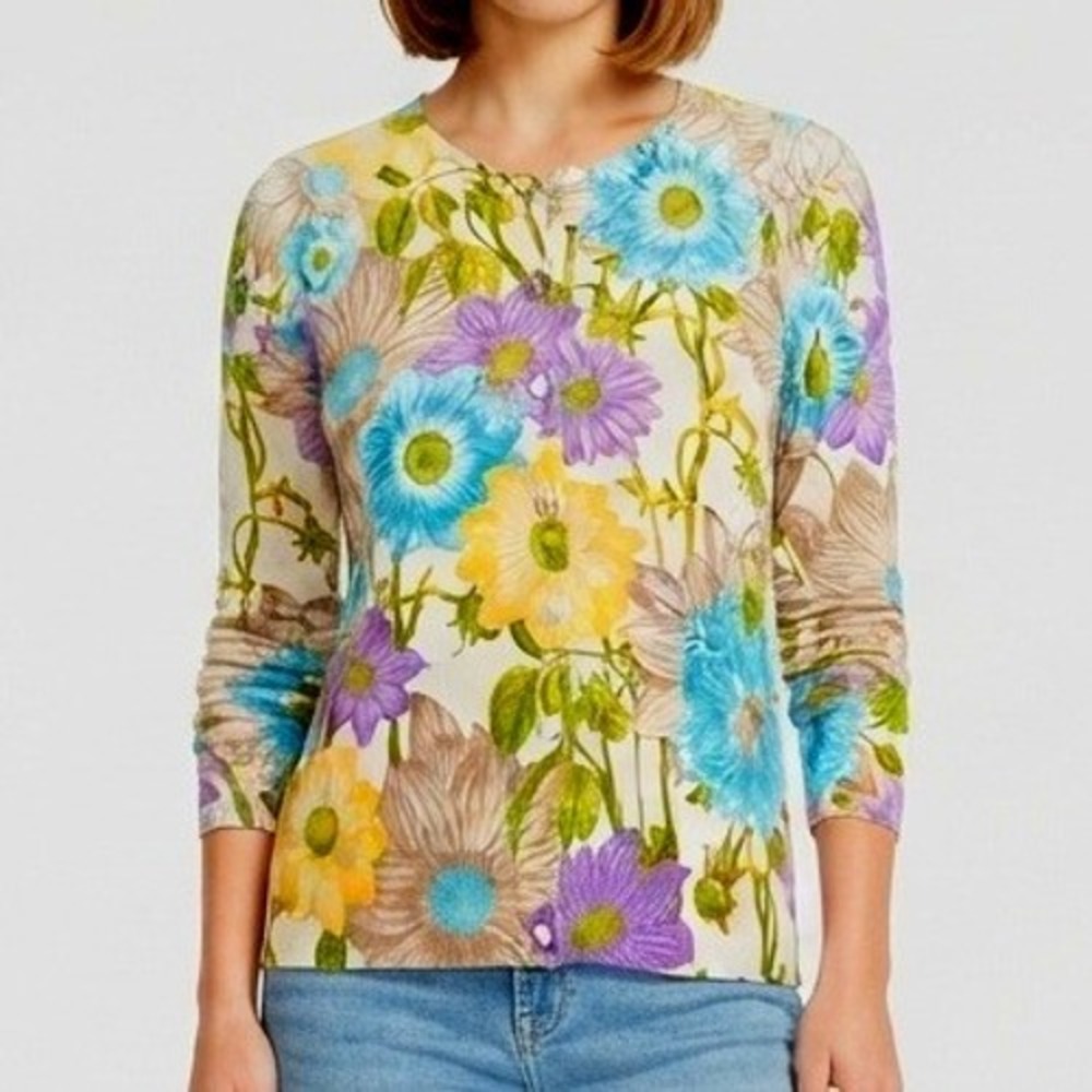 Talbots Cardigan Sweater Womens Medium White Floral Button Front Knit Top